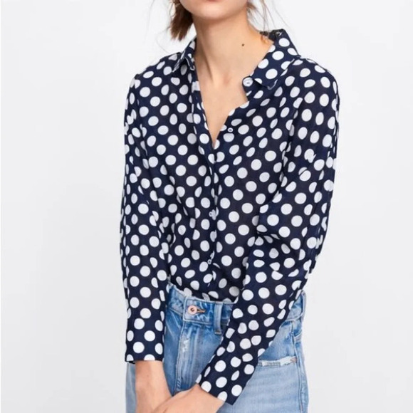 ZARA Blue White Linen Polka  Dot Button Down Long Sleeve Shirt size XS - Picture 2 of 8